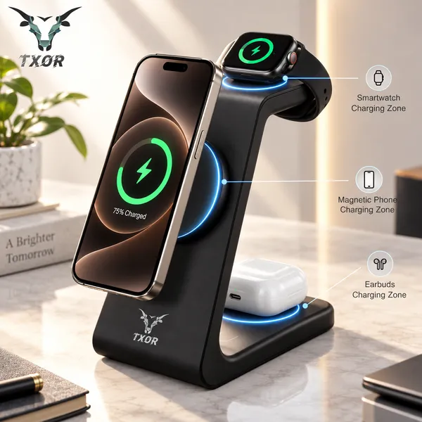 TXOR_MAGNA_X2,_3_in_1_Steady_Wireless_Charging_Dock_Station_with_15W_Fast_Charging_Stand_with_Magnetic_Suction,_Height_Adjustable_for_Iphone/Airpods_/watch,_Black_Color