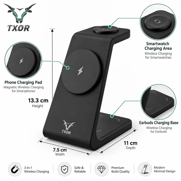TXOR_MAGNA_X2,_3_in_1_Steady_Wireless_Charging_Dock_Station_with_15W_Fast_Charging_Stand_with_Magnetic_Suction,_Height_Adjustable_for_Iphone/Airpods_/watch,_Black_Color