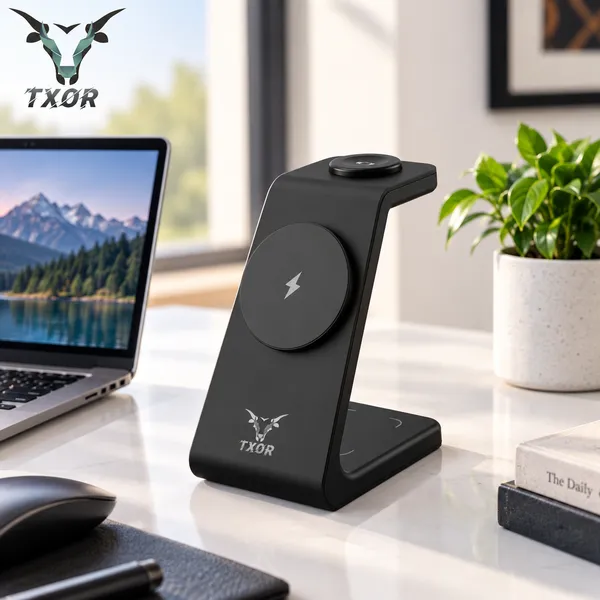 TXOR_MAGNA_X2,_3_in_1_Steady_Wireless_Charging_Dock_Station_with_15W_Fast_Charging_Stand_with_Magnetic_Suction,_Height_Adjustable_for_Iphone/Airpods_/watch,_Black_Color