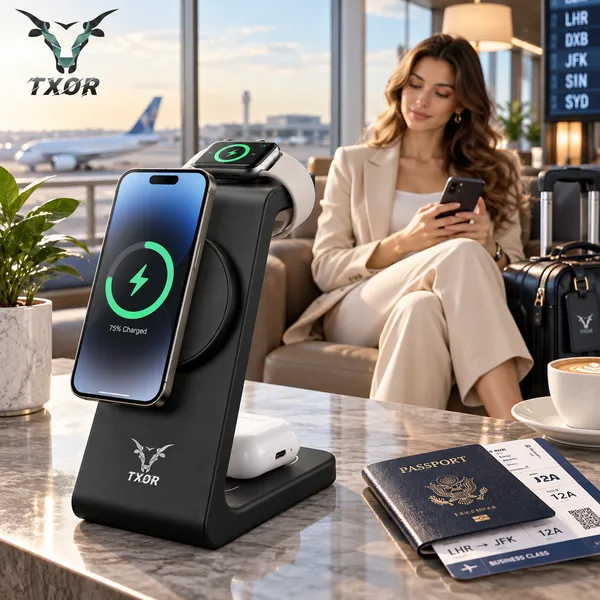 TXOR_MAGNA_X2,_3_in_1_Steady_Wireless_Charging_Dock_Station_with_15W_Fast_Charging_Stand_with_Magnetic_Suction,_Height_Adjustable_for_Iphone/Airpods_/watch,_Black_Color