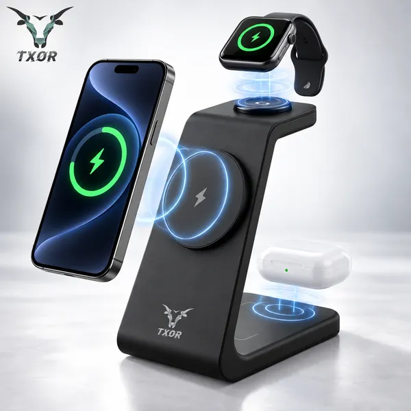 TXOR_MAGNA_X2,_3_in_1_Steady_Wireless_Charging_Dock_Station_with_15W_Fast_Charging_Stand_with_Magnetic_Suction,_Height_Adjustable_for_Iphone/Airpods_/watch,_Black_Color