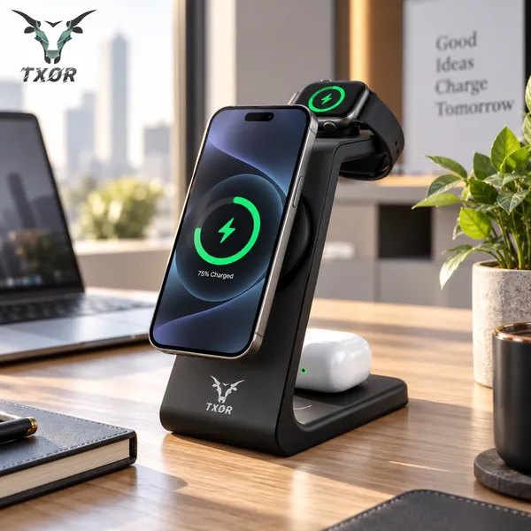 TXOR_MAGNA_X2,_3_in_1_Steady_Wireless_Charging_Dock_Station_with_15W_Fast_Charging_Stand_with_Magnetic_Suction,_Height_Adjustable_for_Iphone/Airpods_/watch,_Black_Color