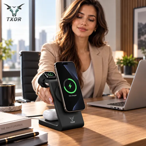 TXOR_MAGNA_X2,_3_in_1_Steady_Wireless_Charging_Dock_Station_with_15W_Fast_Charging_Stand_with_Magnetic_Suction,_Height_Adjustable_for_Iphone/Airpods_/watch,_Black_Color