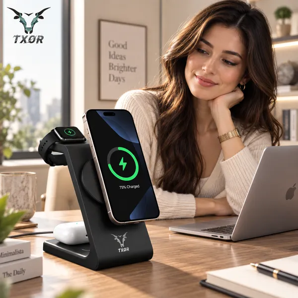 TXOR_MAGNA_X2,_3_in_1_Steady_Wireless_Charging_Dock_Station_with_15W_Fast_Charging_Stand_with_Magnetic_Suction,_Height_Adjustable_for_Iphone/Airpods_/watch,_Black_Color