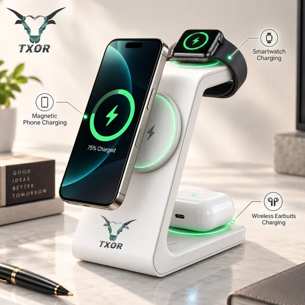 TXOR_MAGNA_X2,_3_in_1_Steady_Wireless_Charging_Dock_Station_with_15W_Fast_Charging_Stand_with_Magnetic_Suction,_Height_Adjustable_for_Iphone/Airpods_/watch,_White_Color
