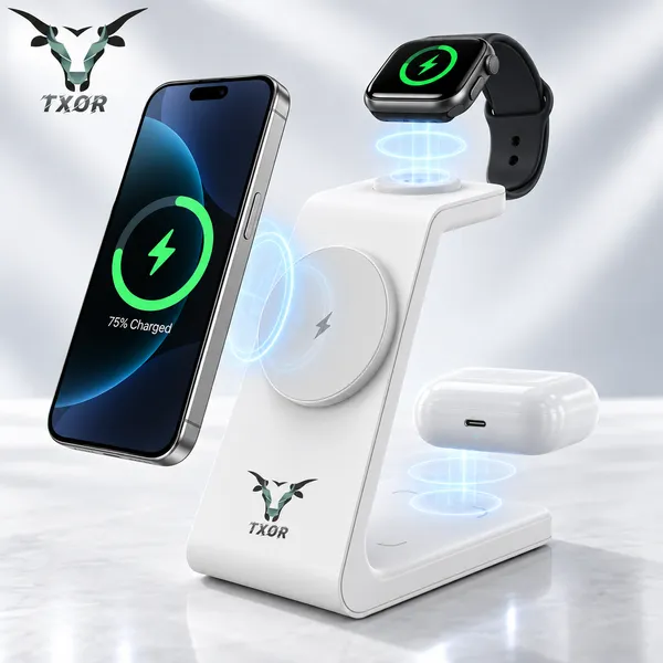 TXOR_MAGNA_X2,_3_in_1_Steady_Wireless_Charging_Dock_Station_with_15W_Fast_Charging_Stand_with_Magnetic_Suction,_Height_Adjustable_for_Iphone/Airpods_/watch,_White_Color