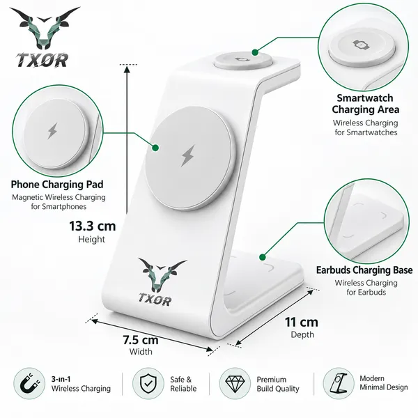 TXOR_MAGNA_X2,_3_in_1_Steady_Wireless_Charging_Dock_Station_with_15W_Fast_Charging_Stand_with_Magnetic_Suction,_Height_Adjustable_for_Iphone/Airpods_/watch,_White_Color