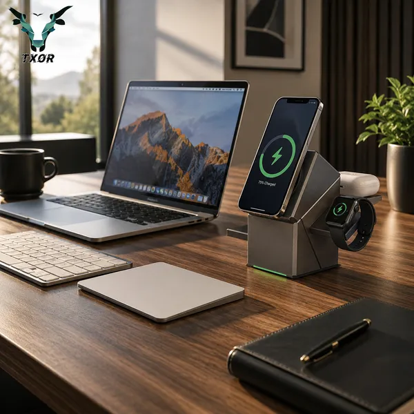 TXOR_UNI-QE_X3,_3-in-1_Magnetic_Rotatable_Wireless_Charger,_15W_Fast_Charging_Dock_for_iPhone,_2.5W_for_Apple_Watch,_5W_for_AirPods,_Magnetic_Alignment,_Slim_&_Lightweight_Wireless_Charging_hub,_Grey_Color
