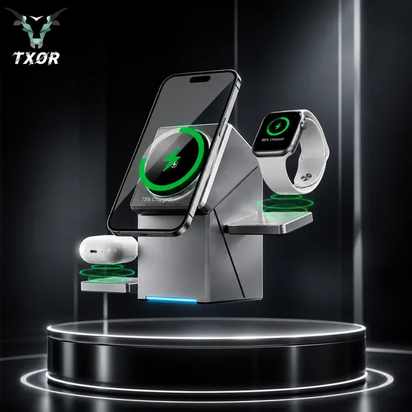 TXOR_UNI-QE_X3,_3-in-1_Magnetic_Rotatable_Wireless_Charger,_15W_Fast_Charging_Dock_for_iPhone,_2.5W_for_Apple_Watch,_5W_for_AirPods,_Magnetic_Alignment,_Slim_&_Lightweight_Wireless_Charging_hub,_Grey_Color