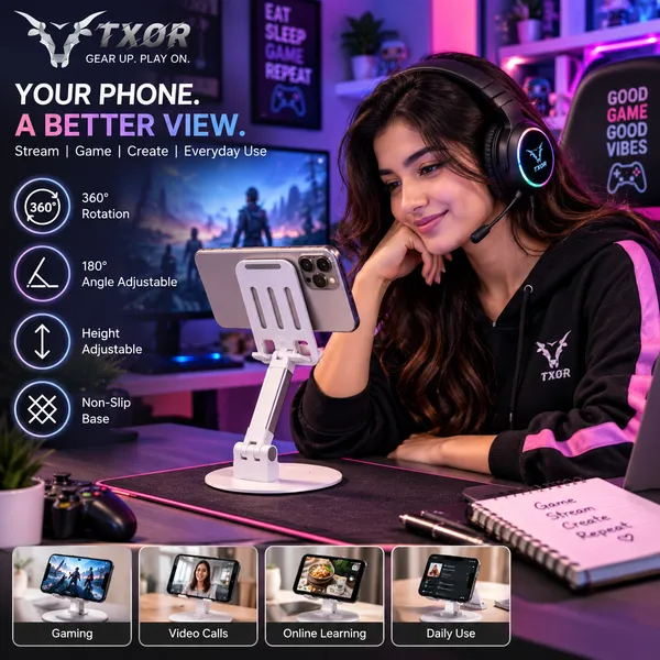 TXOR_KEG360,_Portable_Desktop_360_Rotatable,_Height_Adjustable_and_Foldable_Smart_Phone_Stand_Holder_(Compatible_:_4"_-_12.9"),_Aluminum_Metal_Base_White_Color