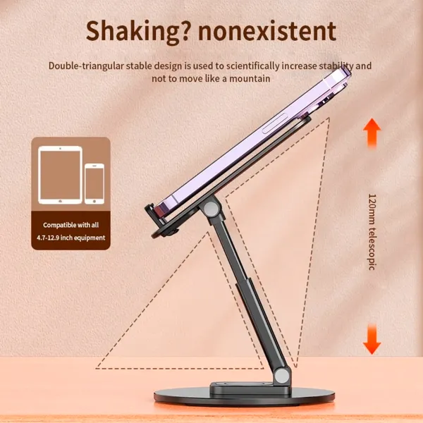 TXOR_KEG360,_Portable_Desktop_360_Rotatable,_Height_Adjustable_and_Foldable_Smart_Phone_Stand_Holder_(Compatible_:_4"_-_12.9"),_Aluminum_Metal_Base_Black_Color