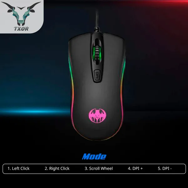 TXOR_BLOODBAT_ALPHA,_Soft_Feel_Ergonomic_Design_Wired_Optical_Gaming_Mouse_With_RGB_Lighting_&_upto_1600_DPI,_Black_Color