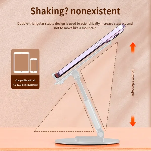 TXOR_KEG360,_Portable_Desktop_360_Rotatable,_Height_Adjustable_and_Foldable_Smart_Phone_Stand_Holder_(Compatible_:_4"_-_12.9"),_Aluminum_Metal_Base_White_Color