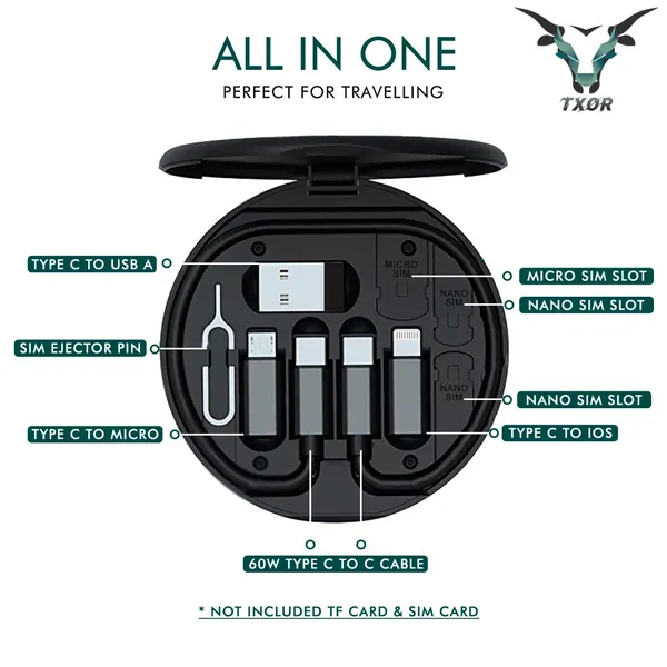 TXOR_TWOD360,_All-in-One_60W_Multi_Functional_Fast_Charging_Data_Cable_&_Accessory_Storage_Set_(Black_Color)