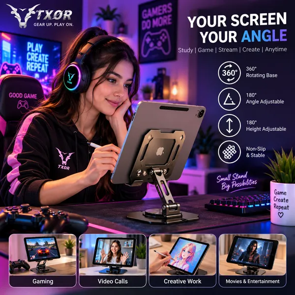 TXOR_MAZ-X40,_Foldable_&_Portable_Heavy_Duty_Aluminum_Tablet_Stand_with_360_Degree_Rotation_(Compatible_:_4.7"_-_12.9"),_Anti-Slip_Base_Black_Color