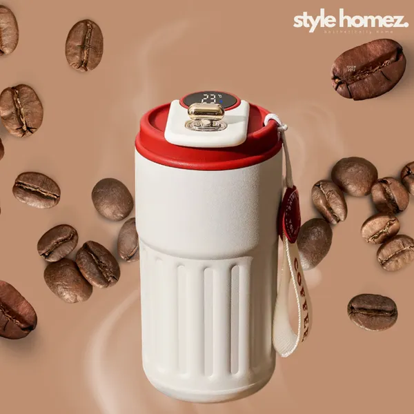 TXOR_ELLO_Coffee_Tumbler,_Double_Wall_Stainless_Steel_Vacuum_Insulated_410_ml_Thermal_Flask_With_Safety_Lid_Lock_&_LED,_Red_Cream_Color