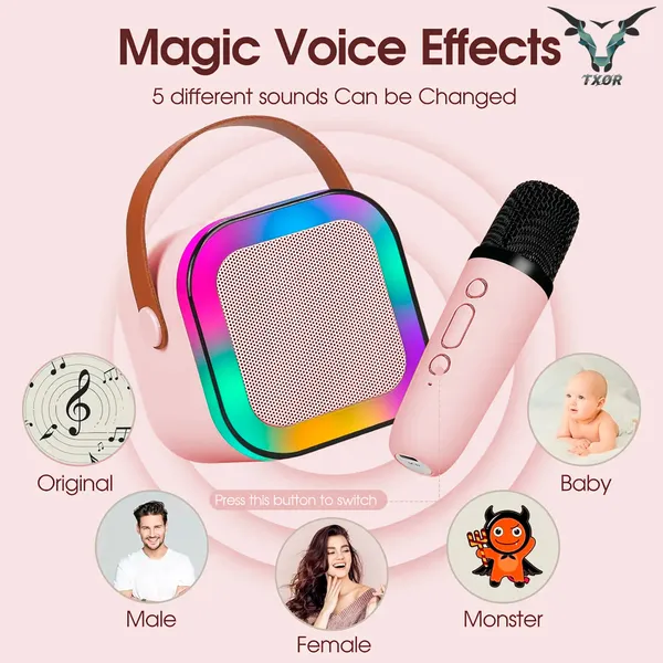 TXOR_LUNA,_Mini_Portable_Karaoke_5W_Bluetooth_LED_Speaker_with_Mic,_5-6_Hrs_Playtime_&_Voice_Changing_Effects,_Pink_Color