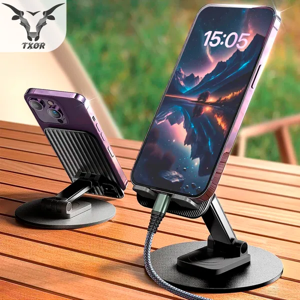 TXOR_KEG360,_Portable_Desktop_360_Rotatable,_Height_Adjustable_and_Foldable_Smart_Phone_Stand_Holder_(Compatible_:_4"_-_12.9"),_Aluminum_Metal_Base_Black_Color