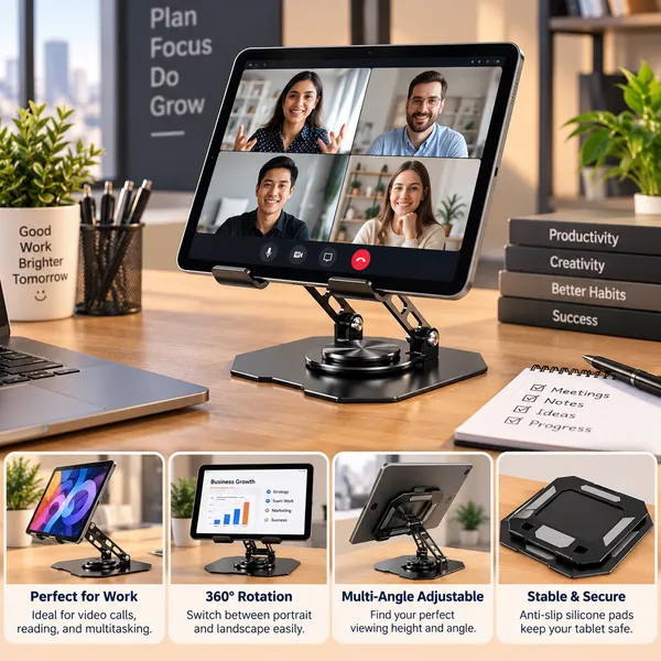TXOR_MAZ-X40,_Foldable_&_Portable_Heavy_Duty_Aluminum_Tablet_Stand_with_360_Degree_Rotation_(Compatible_:_4.7"_-_12.9"),_Anti-Slip_Base_Black_Color