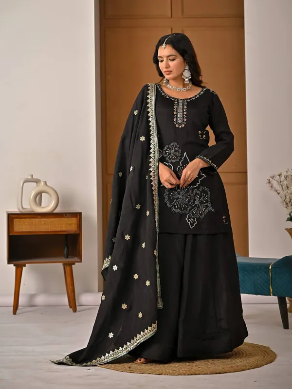 Black_Heavy_Vichitra_Silk_Sharara_Set_For_Women