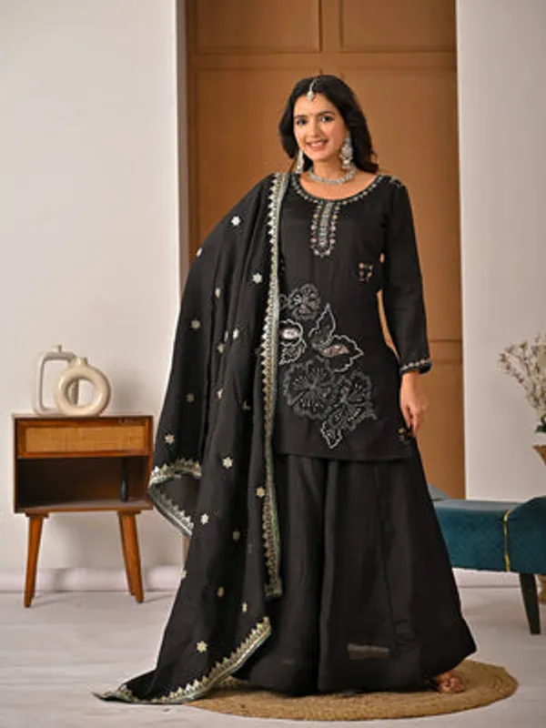 Black_Heavy_Vichitra_Silk_Sharara_Set_For_Women