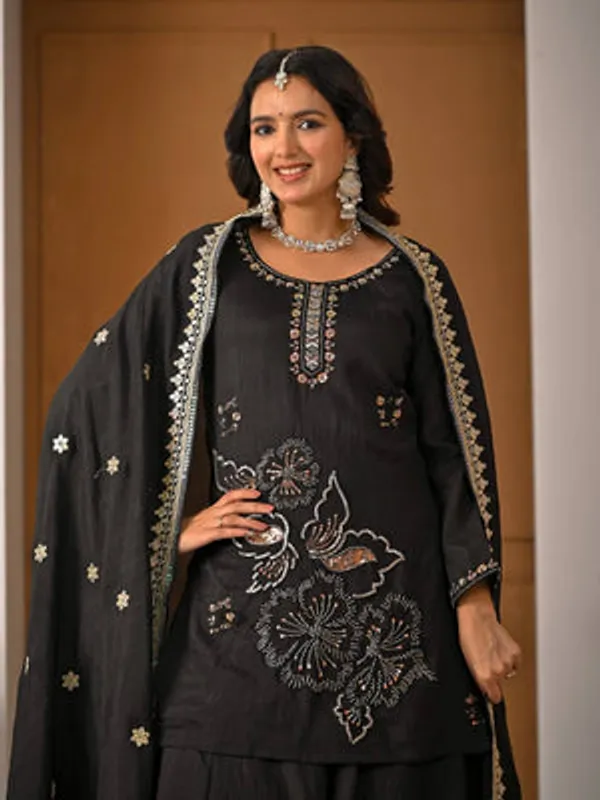 Black_Heavy_Vichitra_Silk_Sharara_Set_For_Women
