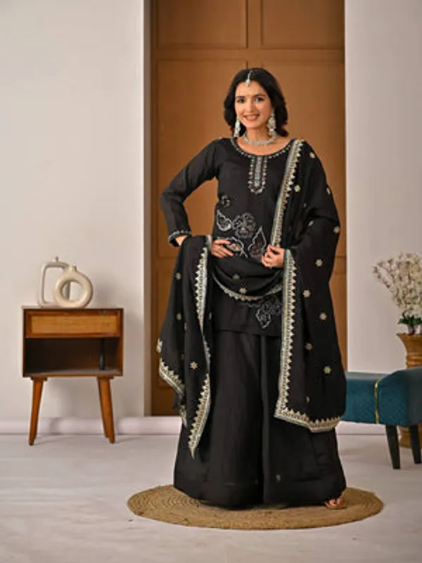 Black_Heavy_Vichitra_Silk_Sharara_Set_For_Women