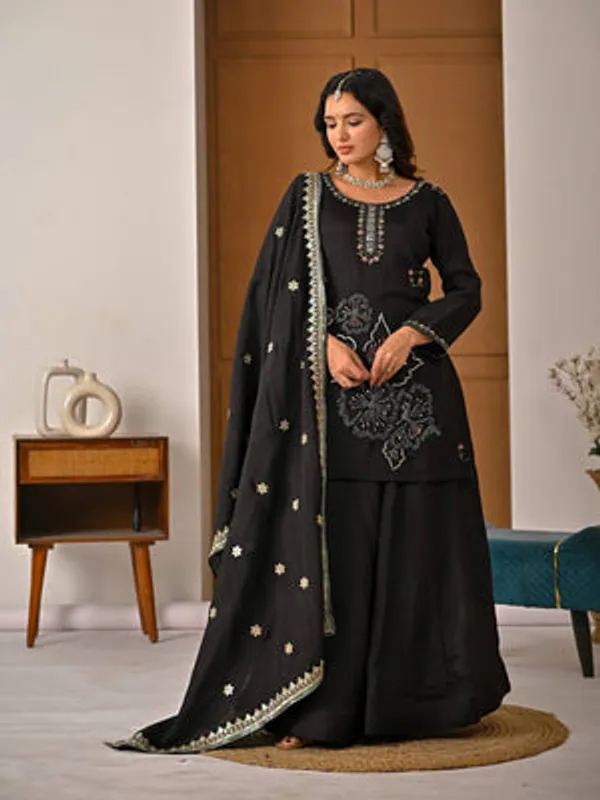 Black_Heavy_Vichitra_Silk_Sharara_Set_For_Women
