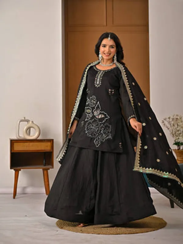 Black_Heavy_Vichitra_Silk_Sharara_Set_For_Women