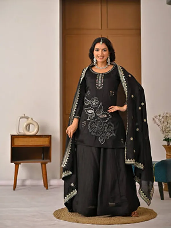 Black_Heavy_Vichitra_Silk_Sharara_Set_For_Women