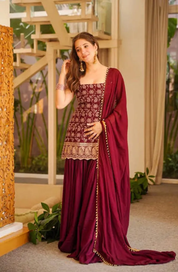 Maroon_Heavy_Blooming_Faux_Georgette_Sharara_Set_For_Women