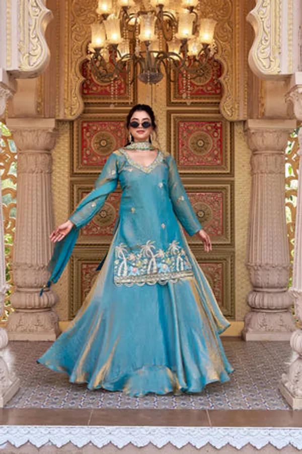 Blue_Heavy_Malay_Satin_Silk,_Tabby_Organza_Silk_Lehenga_Choli_Set_For_Women