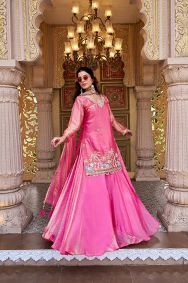 Pink_Heavy_Malay_Satin_Silk,_Tabby_Organza_Silk_Lehenga_Choli_Set_For_Women
