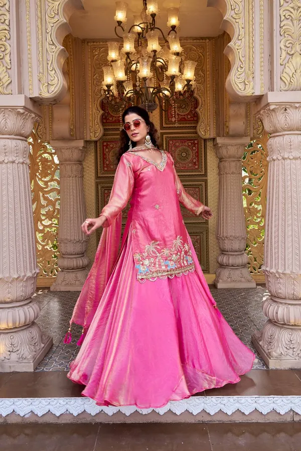 Pink_Heavy_Malay_Satin_Silk,_Tabby_Organza_Silk_Lehenga_Choli_Set_For_Women