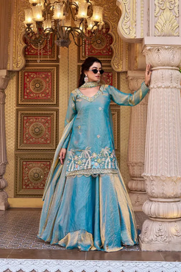 Blue_Heavy_Malay_Satin_Silk,_Tabby_Organza_Silk_Lehenga_Choli_Set_For_Women