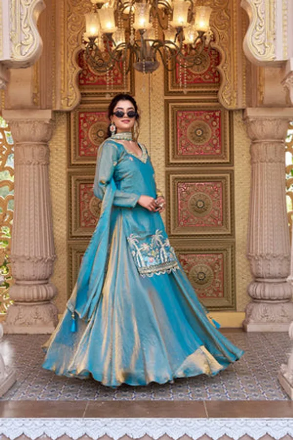 Blue_Heavy_Malay_Satin_Silk,_Tabby_Organza_Silk_Lehenga_Choli_Set_For_Women