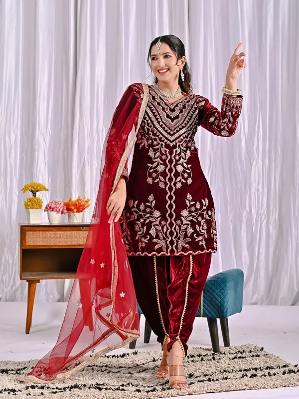 Deep_Maroon_Pure_Heavy_Viscose_Velvet_Dhoti_Salwar_Suit_Set_For_Women