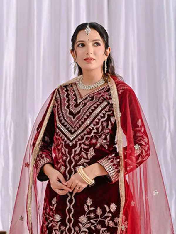 Deep_Maroon_Pure_Heavy_Viscose_Velvet_Dhoti_Salwar_Suit_Set_For_Women
