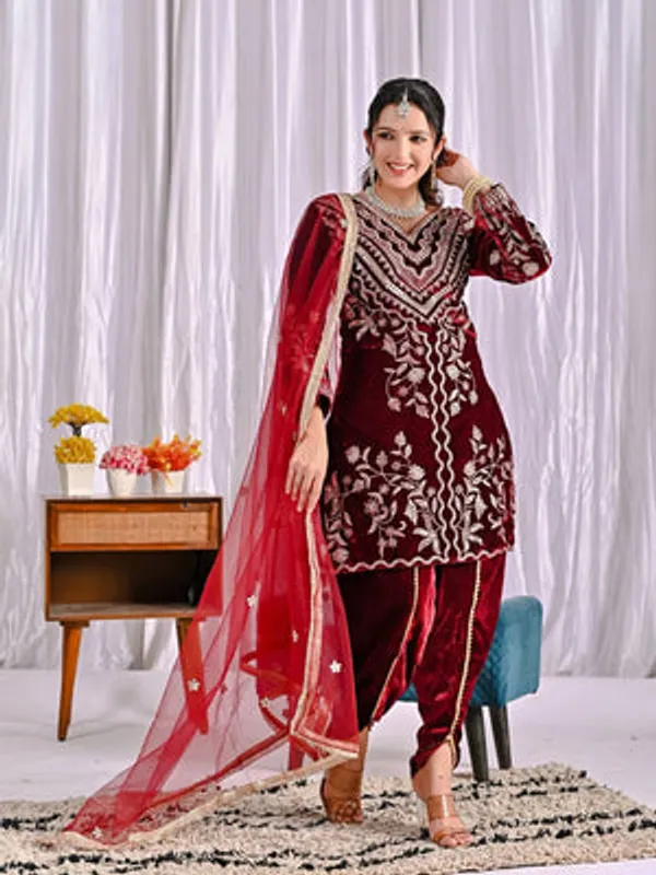 Deep_Maroon_Pure_Heavy_Viscose_Velvet_Dhoti_Salwar_Suit_Set_For_Women