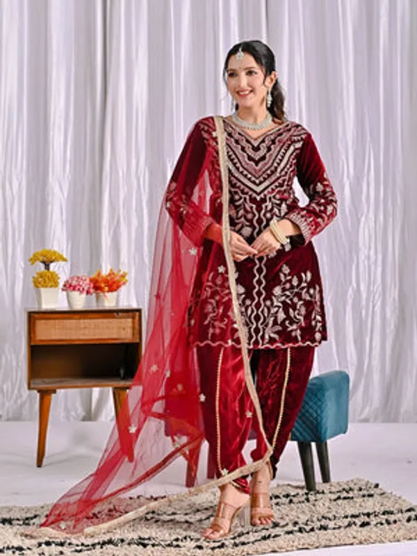 Deep_Maroon_Pure_Heavy_Viscose_Velvet_Dhoti_Salwar_Suit_Set_For_Women