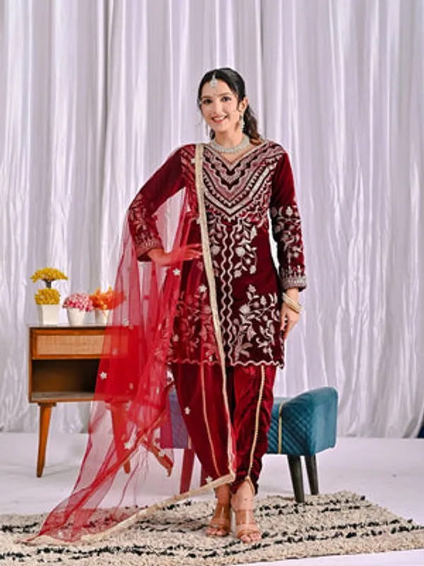 Deep_Maroon_Pure_Heavy_Viscose_Velvet_Dhoti_Salwar_Suit_Set_For_Women