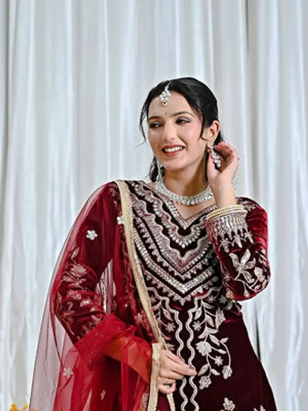 Deep_Maroon_Pure_Heavy_Viscose_Velvet_Dhoti_Salwar_Suit_Set_For_Women
