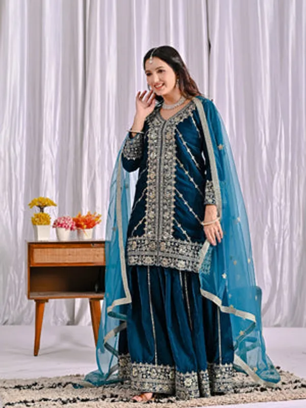 Midnight_Blue_Viscose_Velvet_Sharara_Suit_Set_For_Women