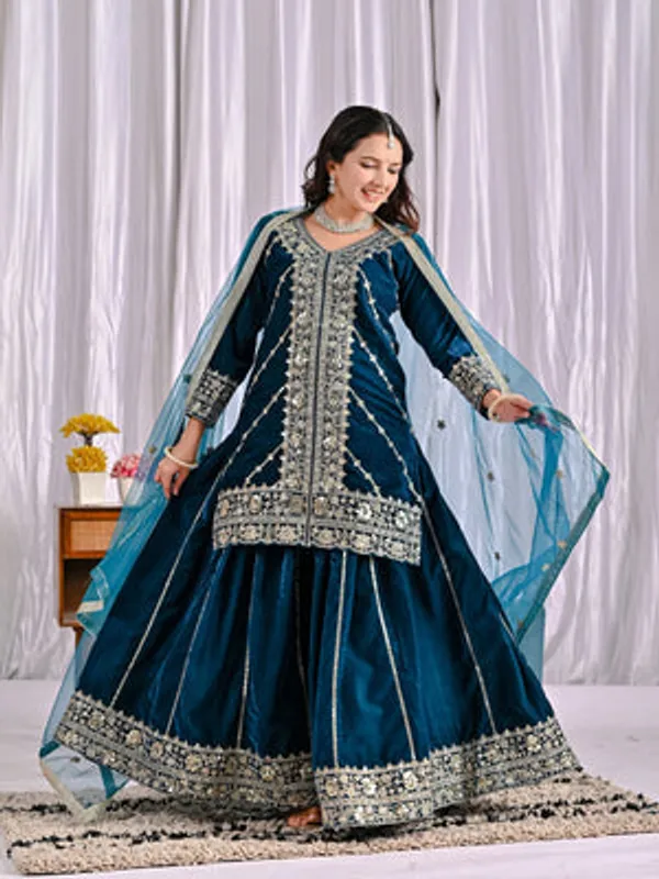 Midnight_Blue_Viscose_Velvet_Sharara_Suit_Set_For_Women