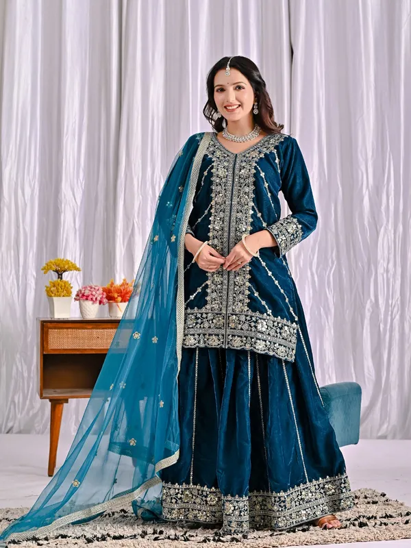 Midnight_Blue_Viscose_Velvet_Sharara_Suit_Set_For_Women
