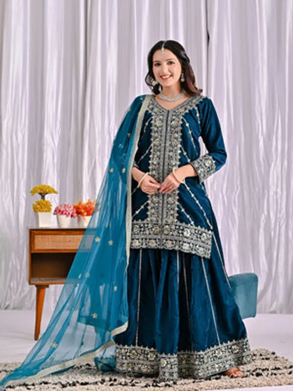 Midnight_Blue_Viscose_Velvet_Sharara_Suit_Set_For_Women