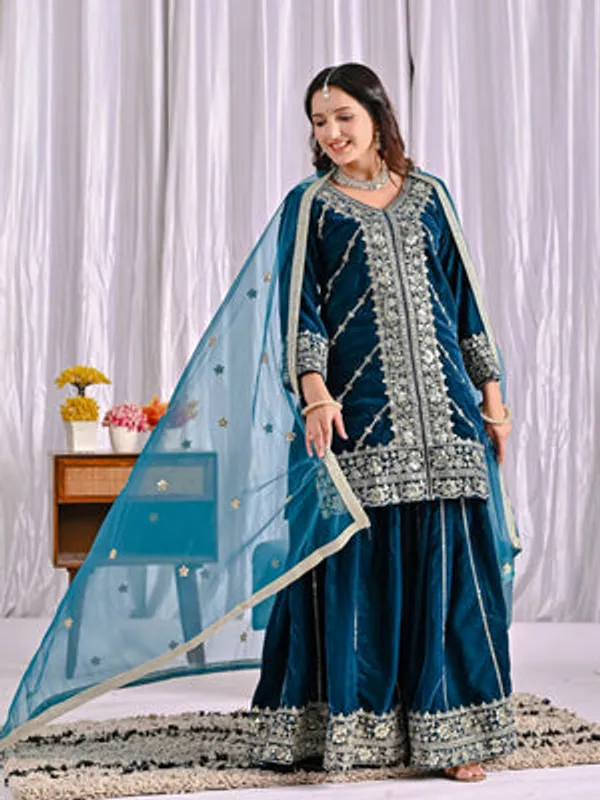 Midnight_Blue_Viscose_Velvet_Sharara_Suit_Set_For_Women