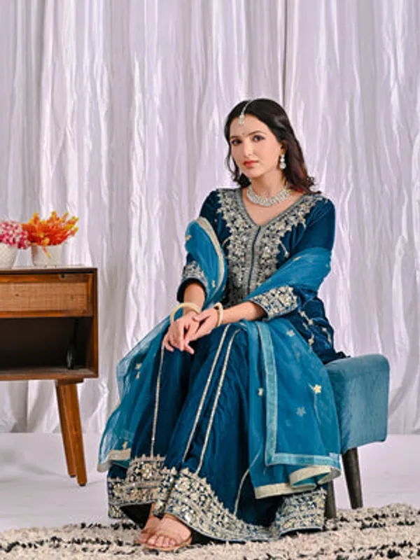 Midnight_Blue_Viscose_Velvet_Sharara_Suit_Set_For_Women