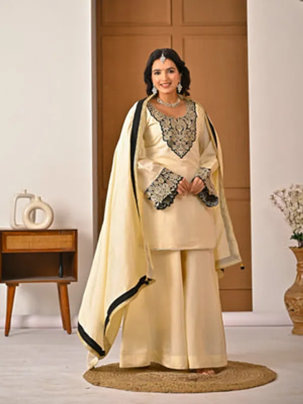 White_Heavy_Roman_Silk_Kurti_Sharara_Set_For_Women