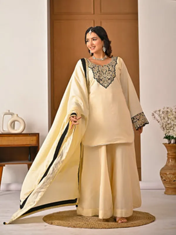 White_Heavy_Roman_Silk_Kurti_Sharara_Set_For_Women